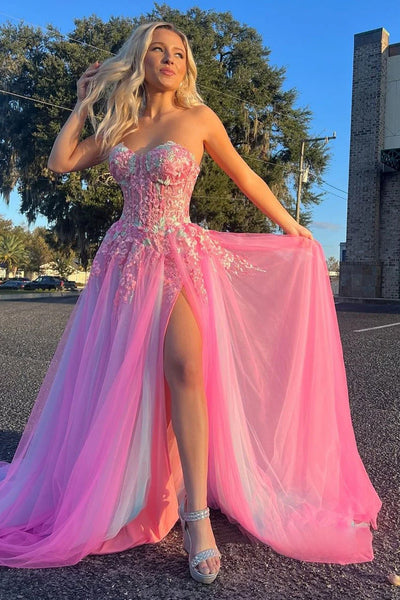 Cute A Line Sweetheart Colorful Tulle Slit Prom Dress with Appliques