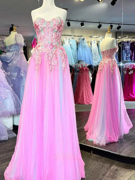 Cute A Line Sweetheart Colorful Tulle Slit Prom Dress with Appliques