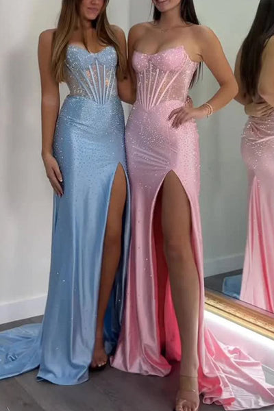 Aqua - Mermaid Strapless Satin Beaded Long Formal Prom Dresses With Slit