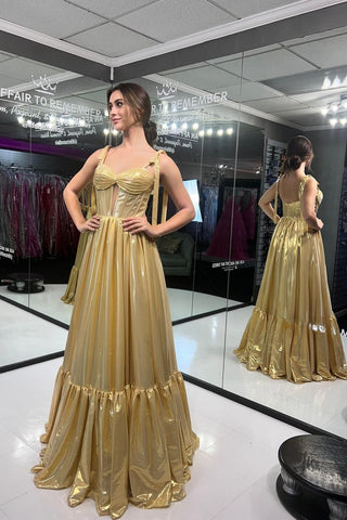 Cute A Line Sweetheart Keyhole Gold Metallic Satin Long Prom Dress
