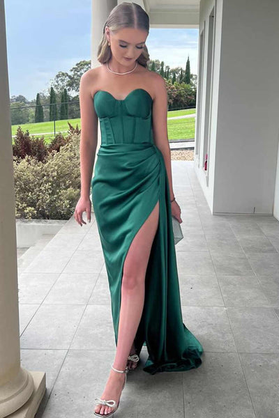 Mermaid Strapless Sweetheart Pleated High Slit Satin Long Prom Dress