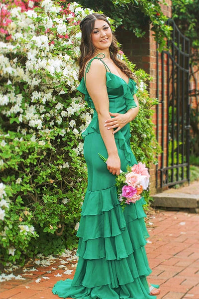Charming Sheath Tie-Shoulder Pink Chiffon Ruffle Tiered Long Prom Dress with Slit