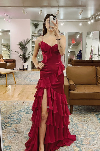 Charming Sheath Tie-Shoulder Pink Chiffon Ruffle Tiered Long Prom Dress with Slit