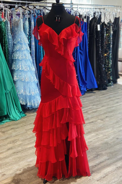 Charming Sheath Tie-Shoulder Pink Chiffon Ruffle Tiered Long Prom Dress with Slit
