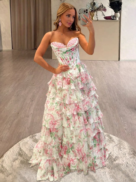 A-Line Blush Sweetheart Chiffon Floral Ruffled Prom Dress With Slit