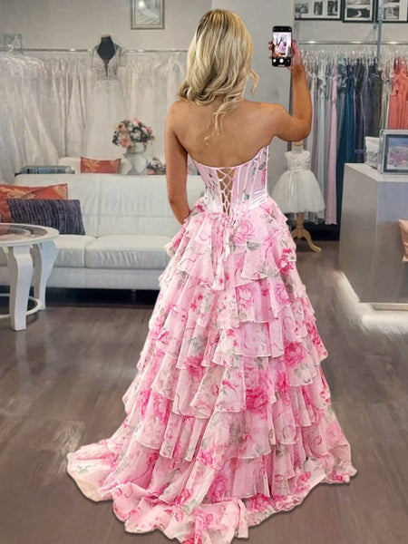 A-Line Blush Sweetheart Chiffon Floral Ruffled Prom Dress With Slit
