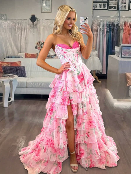 A-Line Blush Sweetheart Chiffon Floral Ruffled Prom Dress With Slit