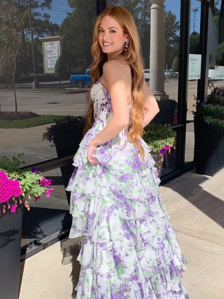 A-Line Blush Sweetheart Chiffon Floral Ruffled Prom Dress With Slit