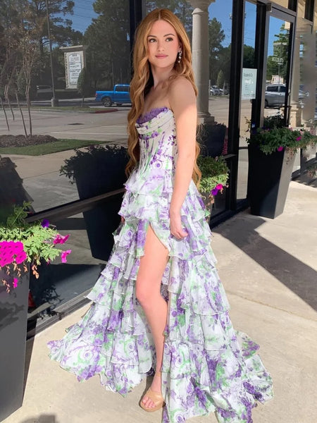 A-Line Blush Sweetheart Chiffon Floral Ruffled Prom Dress With Slit