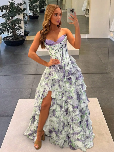 A-Line Blush Sweetheart Chiffon Floral Ruffled Prom Dress With Slit