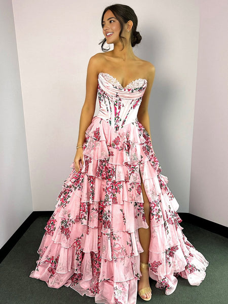 A-Line Blush Sweetheart Chiffon Floral Ruffled Prom Dress With Slit