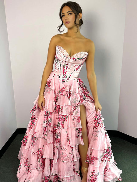 A-Line Blush Sweetheart Chiffon Floral Ruffled Prom Dress With Slit