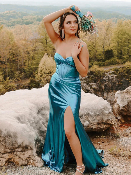 Charming Mermaid Sweetheart Sparkly Satin Prom Dress With Slit