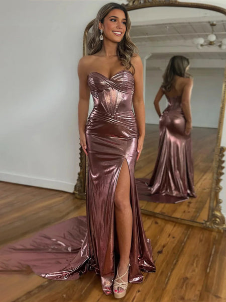 Charming Mermaid Sweetheart Sparkly Satin Prom Dress With Slit