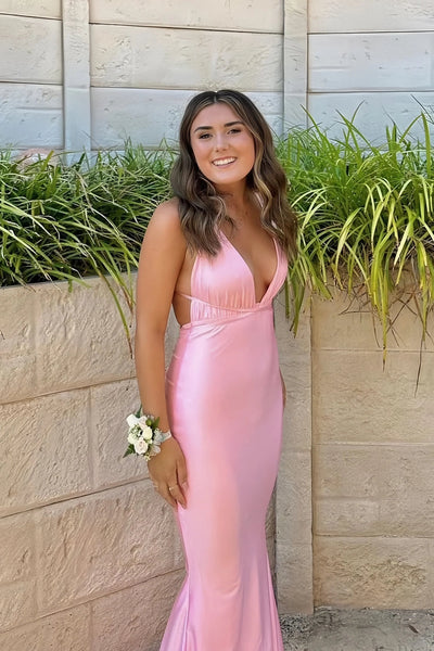Stunning Light Pink Mermaid Deep V-Neck Elastic Satin Long Prom Dress