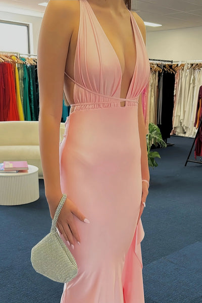 Stunning Light Pink Mermaid Deep V-Neck Elastic Satin Long Prom Dress
