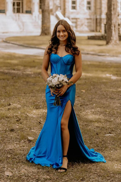 Charming Mermaid Sweetheart Royal Blue Satin Slit Prom Dress