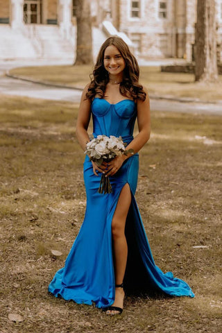 Charming Mermaid Sweetheart Royal Blue Satin Slit Prom Dress