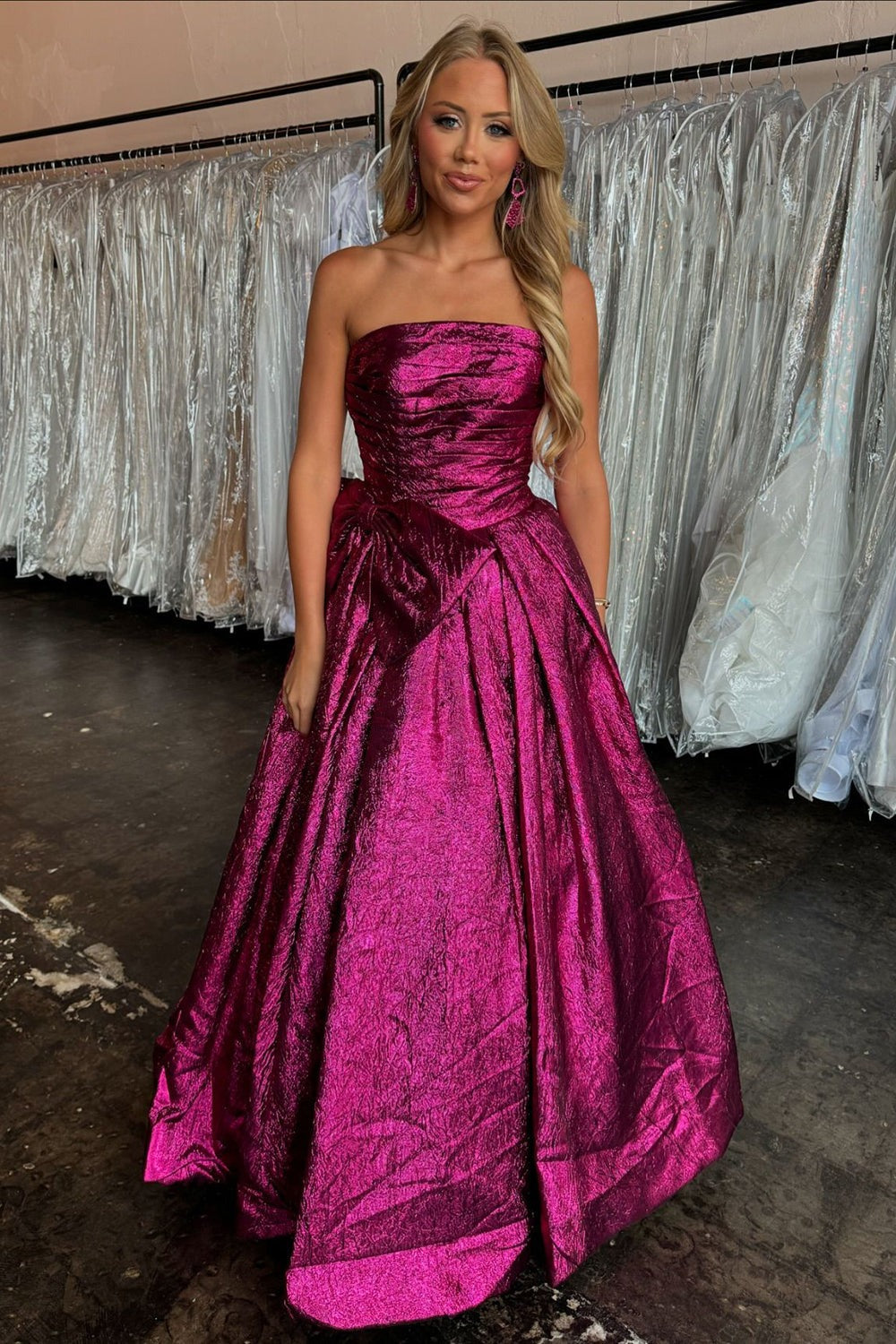 Cute Fuchsia Ball Gown Sparkly Satin Long Prom Dress With Bow