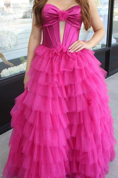 Ball Gown Sweetheart Hot Pink Tiered Tulle Long Prom Dresses