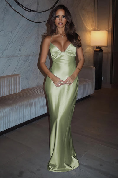 Ivory Sheath Satin Spaghetti Straps Long Prom Dresses