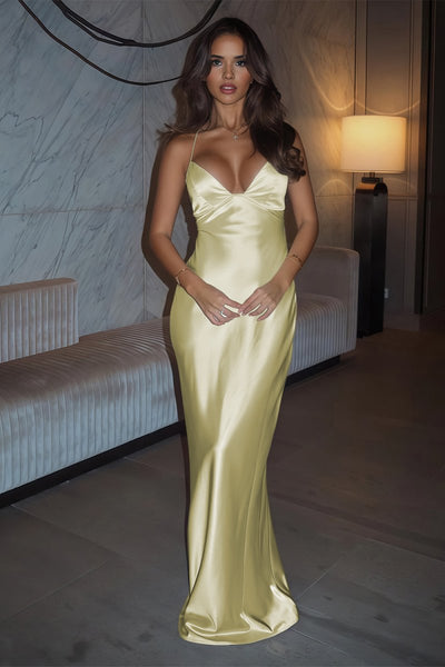 Ivory Sheath Satin Spaghetti Straps Long Prom Dresses