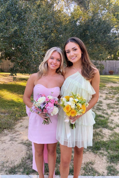 Strapless Pink Back Bow Sheath Short Dress