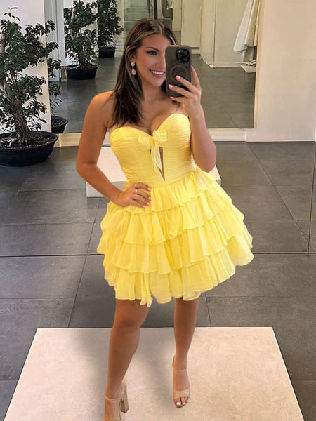 Yellow Strapless A Line Chiffon Ruffled Cocktail Dresses With Bow