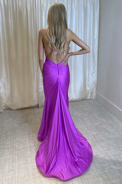 Chic Mermaid Purple Halter Elastic Satin Long Prom Formal Dress