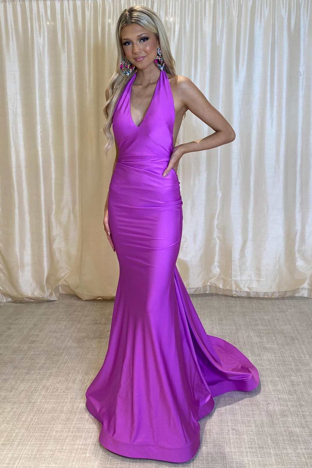 Chic Mermaid Purple Halter Elastic Satin Long Prom Formal Dress
