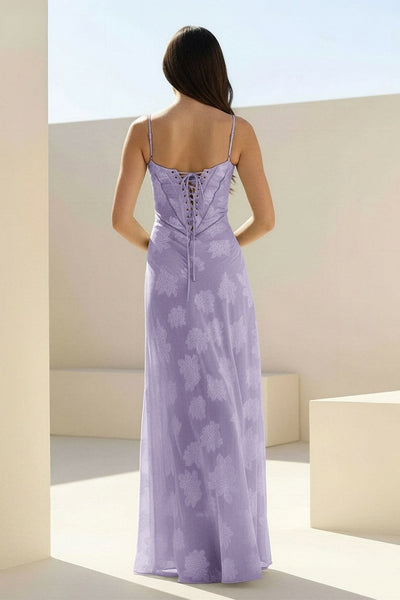 Pink Sheath Satin Floral Spaghetti Straps Long Prom Dresses