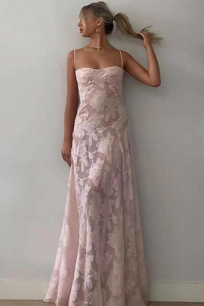 Pink Sheath Satin Floral Spaghetti Straps Long Prom Dresses