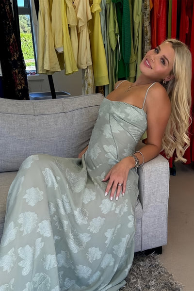 Pink Sheath Satin Floral Spaghetti Straps Long Prom Dresses