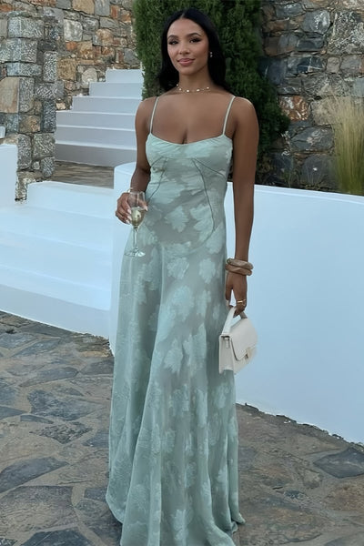 Pink Sheath Satin Floral Spaghetti Straps Long Prom Dresses
