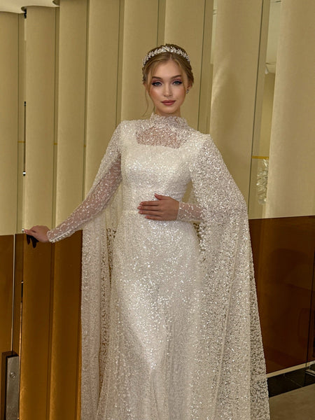 Sparkle Sequins High Neck Long Sleeve Mermaid Shawl Floor-Length Wedding Dress