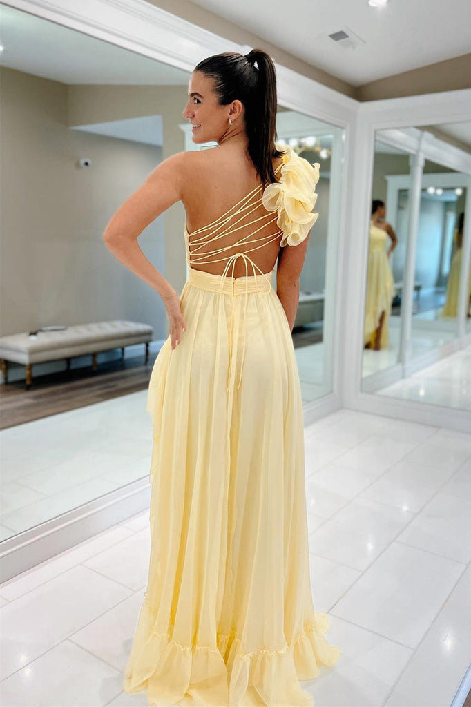 Light Yellow A-line One Shoulder Lace-Up Pleated Ruffle High-Low Prom Vickidress Light Yellow A-line One Shoulder Lace-Up Pleated Ruffle High-Low Prom Vickidress