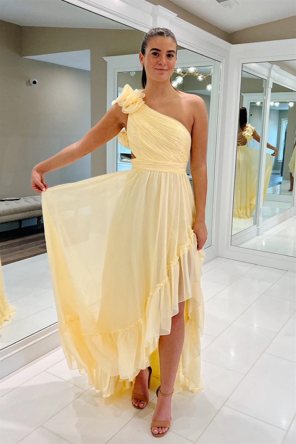 Light Yellow A-line One Shoulder Lace-Up Pleated Ruffle High-Low Prom Vickidress Light Yellow A-line One Shoulder Lace-Up Pleated Ruffle High-Low Prom Vickidress