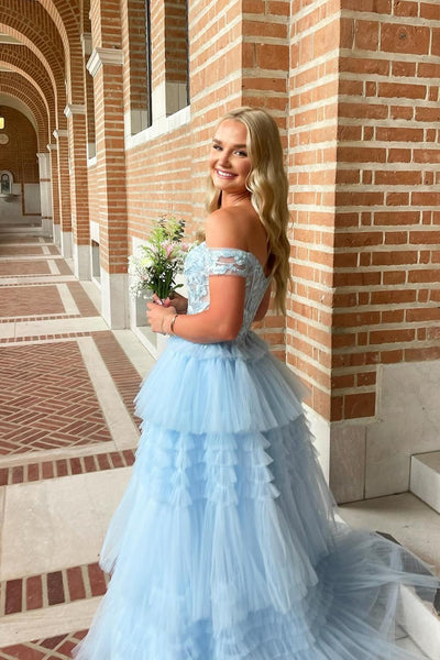 Fairy Off the Shoulder Light Blue Tiered Tulle Prom Dress