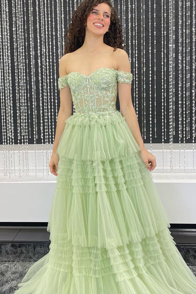 Fairy Off the Shoulder Light Blue Tiered Tulle Prom Dress