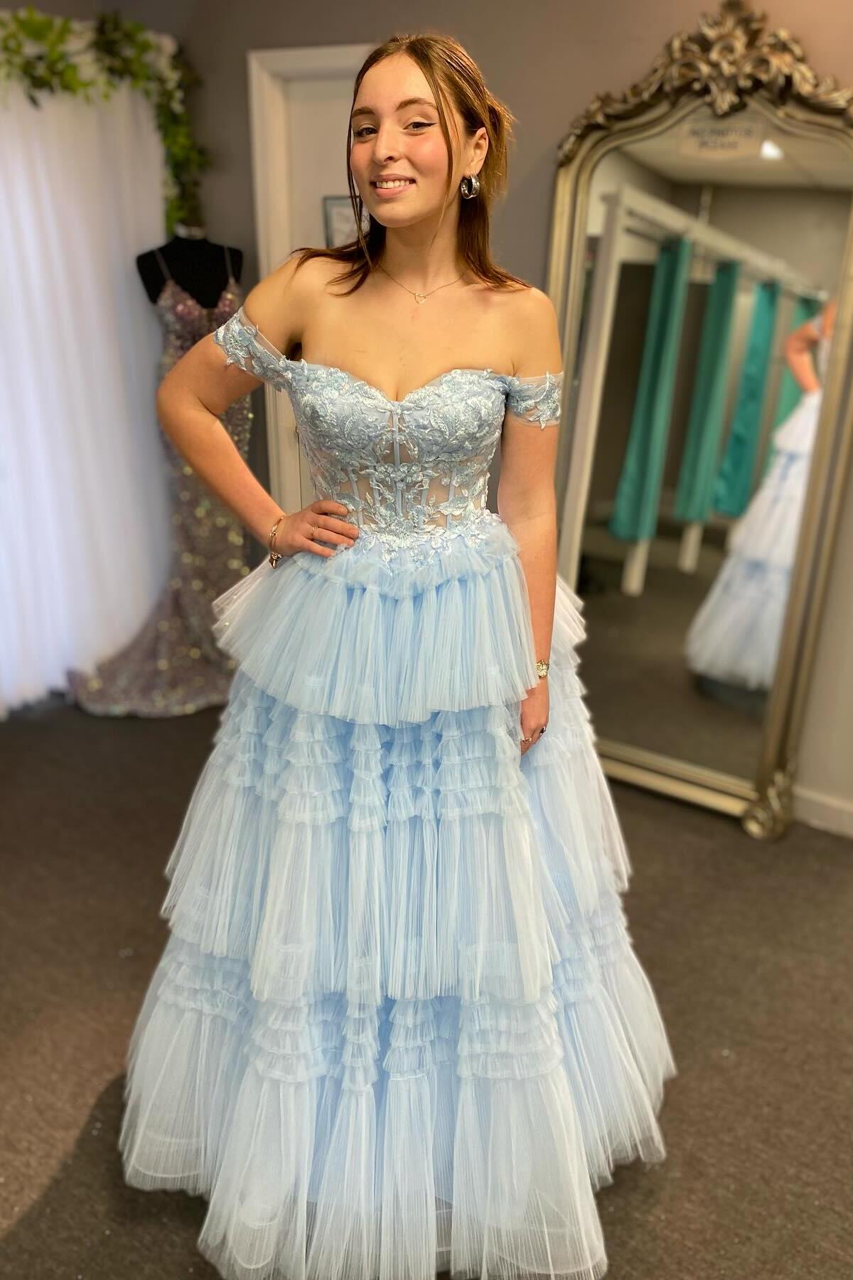 Fairy Off the Shoulder Light Blue Tiered Tulle Prom Dress