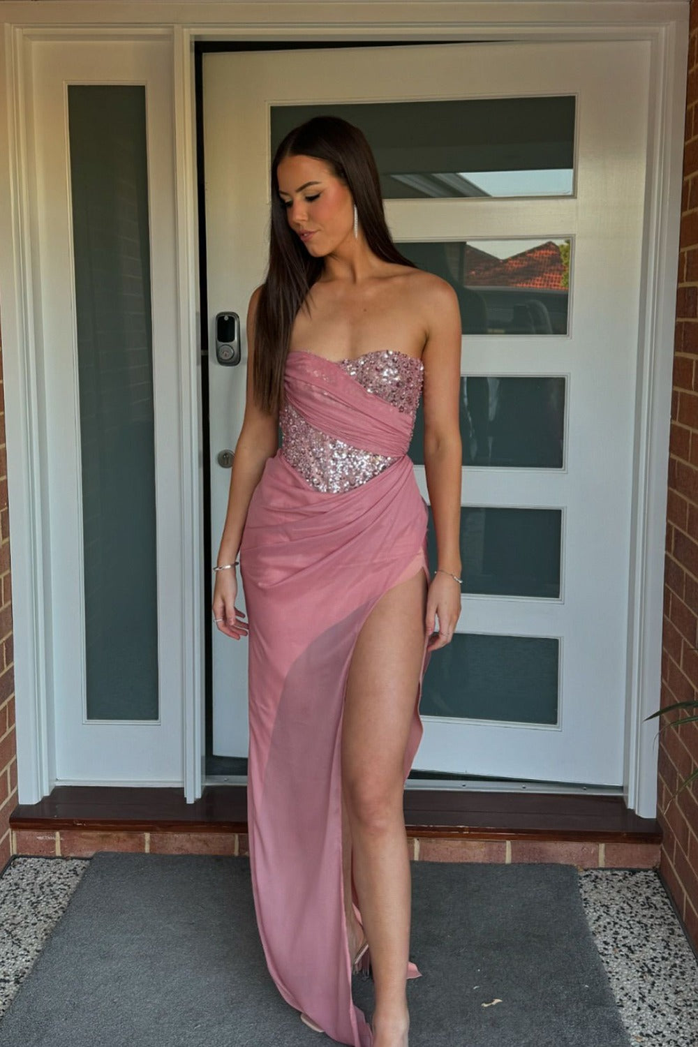 Charming Mermaid Sweetheart Blush Pink Chiffon Sequins Prom Dress with Split
