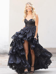 Cute A Line Sweetheart Red Tulle Appliques Ruffle Tiered Prom Gown