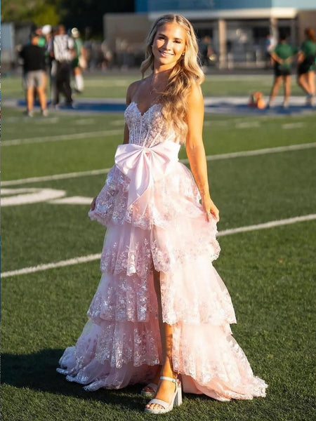 Cute A Line Sweetheart Red Tulle Appliques Ruffle Tiered Prom Gown