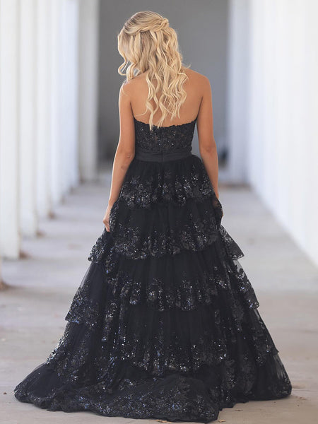 Cute A Line Sweetheart Red Tulle Appliques Ruffle Tiered Prom Gown