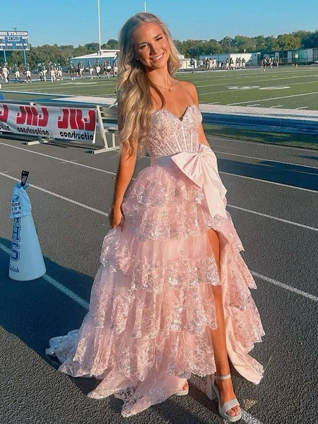 Cute A Line Sweetheart Red Tulle Appliques Ruffle Tiered Prom Gown