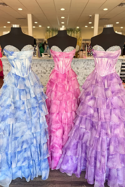 Blue Sweetheart A-Line Floral Chiffon Ruffled Long Prom Dresses With Beading
