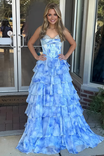 Blue Sweetheart A-Line Floral Chiffon Ruffled Long Prom Dresses With Beading