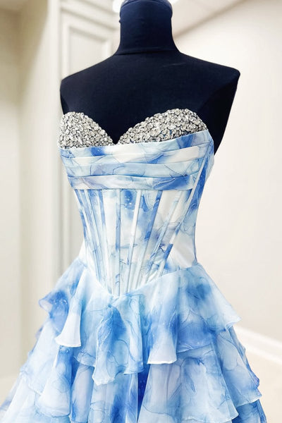 Blue Sweetheart A-Line Floral Chiffon Ruffled Long Prom Dresses With Beading