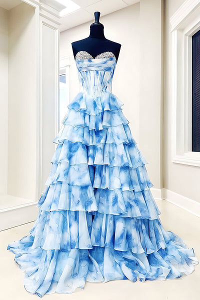 Blue Sweetheart A-Line Floral Chiffon Ruffled Long Prom Dresses With Beading