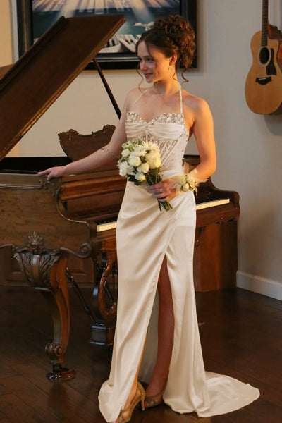 Yellow Halter Pleated Sheath Satin Long Prom Dresses With Beading